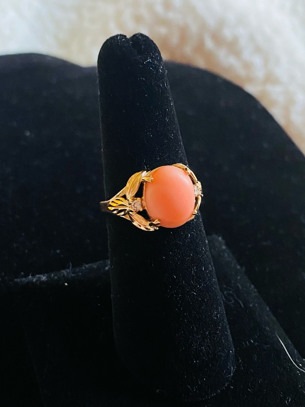 Vintage Hawaiin Plumeria Flower Pink Salmon Coral 14k Gold Ring Size 7 Diamonds